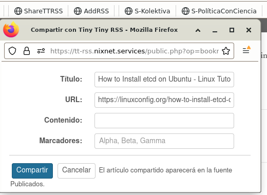 Se trata de una captura del pop-up que ofrece TinyTinyRSS para compartir páginas al RSS