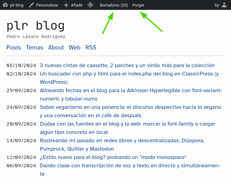 Se ve lo que es la portada de mi blog con la admin bar activa. Se ven los botones que he añadido: un enlace a mis borradores y un botón para purgar la caché